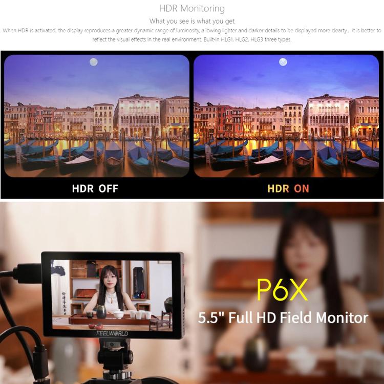 FEELWORLD P6X 5.5 inch Aluminium DSLR Camera Field Monitor Touch Screen 4K HDMI High Brightness 1000nit Monitor  - Black