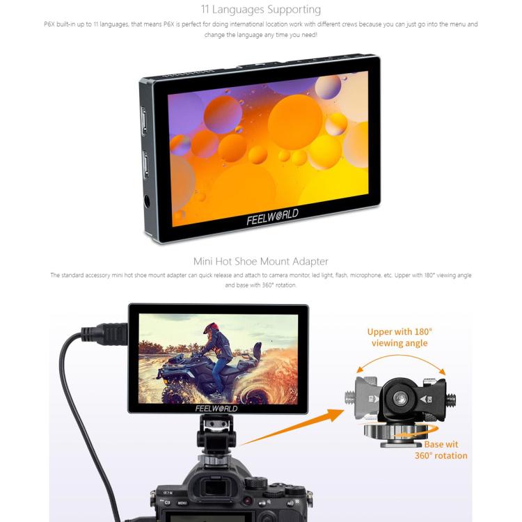 FEELWORLD P6X 5.5 inch Aluminium DSLR Camera Field Monitor Touch Screen 4K HDMI High Brightness 1000nit Monitor  - Black