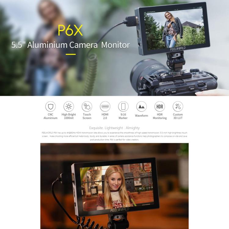 FEELWORLD P6X 5.5 inch Aluminium DSLR Camera Field Monitor Touch Screen 4K HDMI High Brightness 1000nit Monitor  - Black