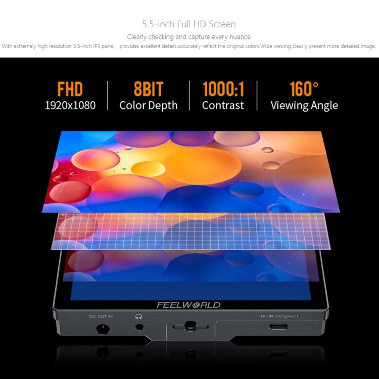 FEELWORLD P6X 5.5 inch Aluminium DSLR Camera Field Monitor Touch Screen 4K HDMI High Brightness 1000nit Monitor  - Black