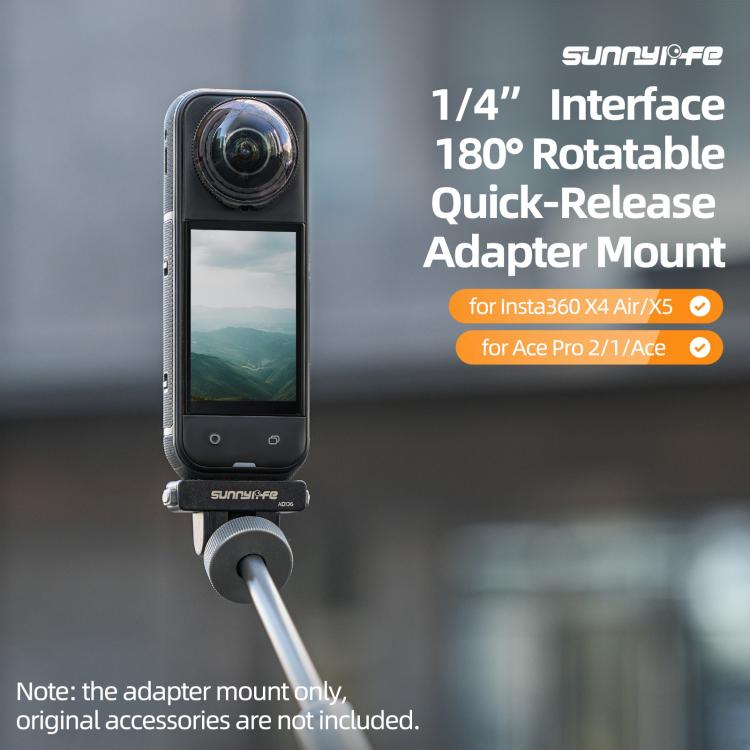 Sunnylife Magnetic Quick Release Adapter Mount 1/4 180 Tilt Adjustable Selfie Stick Adapter Stand for Insta360 X4 Air / X5 / Ace Pro 2 / 1 / Ace  - Black