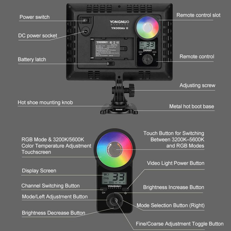 YONGNUO YN300Air II LED Vlog Light Panel RGB Full Range Photography Bi-Color 3200K-5600K