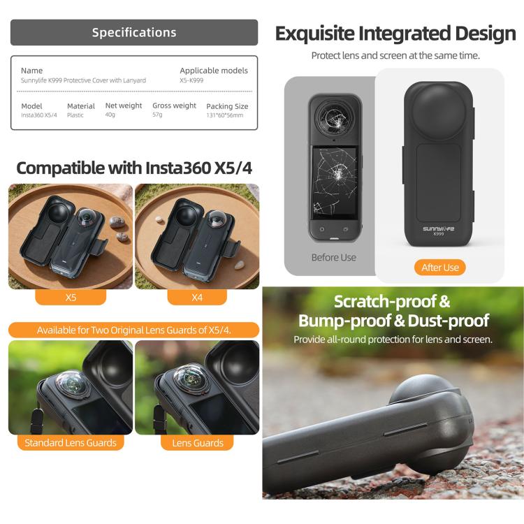 For Insta360 X5 / X4 Sunnylife Integrated Lens Screen Protective Cover Camera Case with Strap  - Black