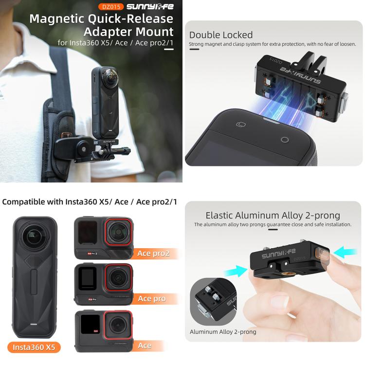 Sunnylife Magnetic Quick Release Adapter Mount Action Camera Foldable Cam Stand For Insta360 X5 / Ace / Ace Pro 2 / 1  - Black