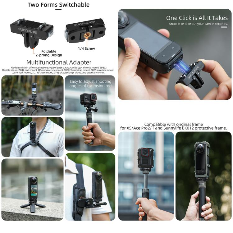 Sunnylife Magnetic Quick Release Adapter Mount Action Camera Foldable Cam Stand For Insta360 X5 / Ace / Ace Pro 2 / 1  - Black