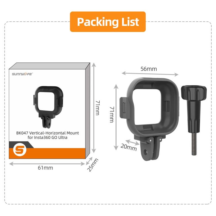 For Insta360 GO Ultra Sunnylife Foldable Vertical-Horizontal Adapter Mount Protective Frame Mounting Brackets Housing Cover  - Black
