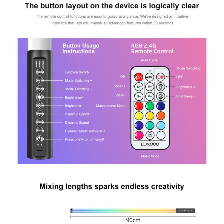 LUXCeO Mood1 Pro 90cm RGB Colorful Atmosphere Rhythm LED Stick Handheld Video Photo Fill Light, No Tripod