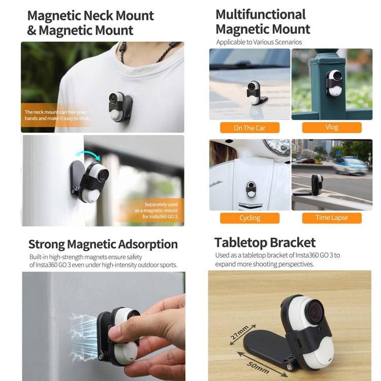 For Insta360 GO 3 Sunnylife Magnetic Neck Mount Chest Body Camera Necklace Lanyard POV Vlog Holder  - Black