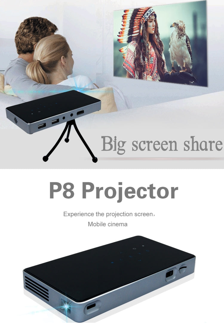 JAVODA P8 50LM Mini WiFi Smart 854*480 (WVGA) DLP 0.3 inch EM DMD Portable LED Projector with Remote Control & Holder,  Android 4.4, RK3128, 1GB RAM, 8GB ROM, WiFi, BT, HDMI