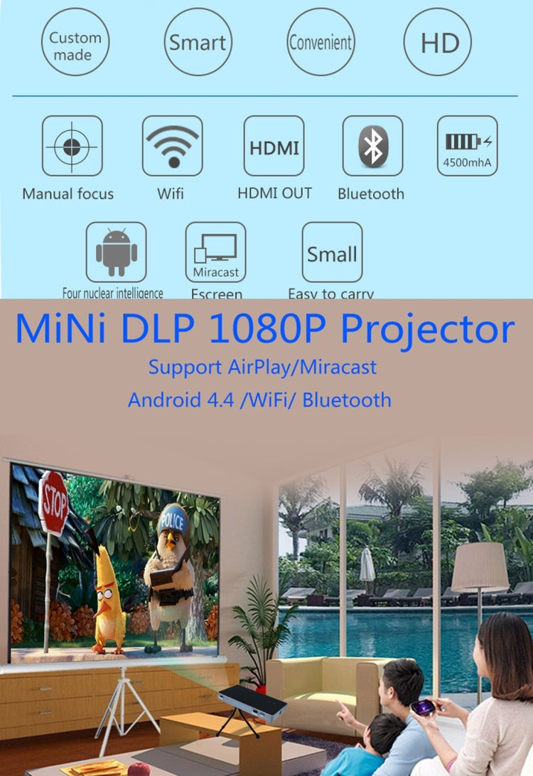 JAVODA P8 50LM Mini WiFi Smart 854*480 (WVGA) DLP 0.3 inch EM DMD Portable LED Projector with Remote Control & Holder,  Android 4.4, RK3128, 1GB RAM, 8GB ROM, WiFi, BT, HDMI