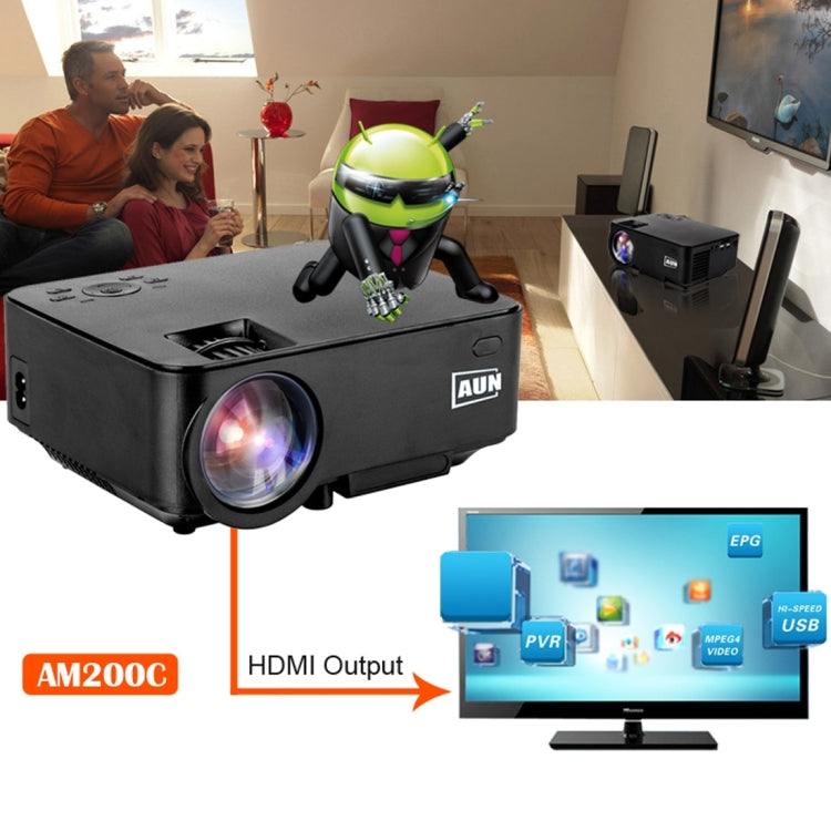 AUN AM200C Android Version Mini Projector 1500 Lumens LED 800x480 Android 4.4 Multimedia Video Projector Home Theater with Remote Controller, 512MB+8GB, WiFi, BT, Miracast, DLNA, Airplay