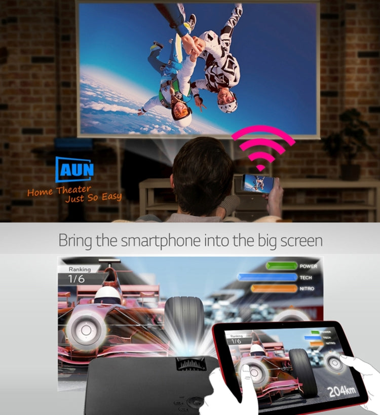 AUN AM200P Android Version Mini Projector 1500 Lumens LED 800x480 Android 4.4 Multimedia Video Projector Home Theater with Remote Controller, 512MB+8GB, WiFi, Miracast, DLNA, Airplay