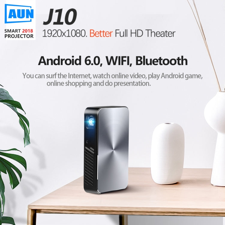 AUN J10 0.33 inch DMD Panel Display 700 ANSI Lumens 1920x1080P Full HD Smart Projector with Remote Control, Quad Core Cortex-A53, 1GB + 8GB, Android 6.0 OS, Support USB/SD Card/HDMI/Audio/DC-IN(Black)