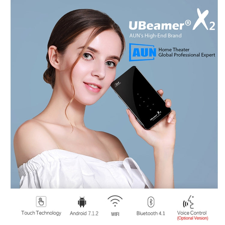 AUN X2 0.3 inch DMD Display 2000 Lumens 800*480P Smart Projector with Remote Control, Quad Core Cortex-A53, 1GB + 8GB, Android 7.1.2 OS, Support HDMI / DC in / USBx2 / TF Card / 4.5mm Headset(Black)
