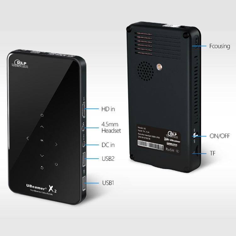 AUN X2 0.3 inch DMD Display 2000 Lumens 800*480P Smart Projector with Remote Control, Quad Core Cortex-A53, 2GB + 16GB, Android 7.1.2 OS, Support HDMI / DC in / USBx2 / TF Card / 4.5mm Headset(Black)