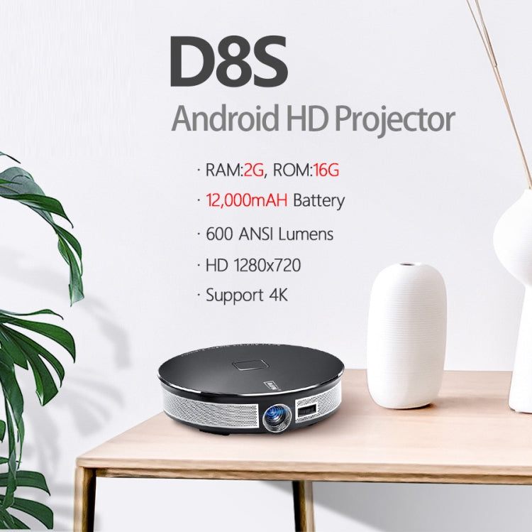 AUN D8S 0.3 inch DMD DLP Display 600 ANSI Lumens 1280x720P Full HD Smart Projector with Remote Control, 2GB + 16GB, Android  6.0.1 OS, Support TF Card/ HDMI / DC-IN / USB / 3.5mm Video output
