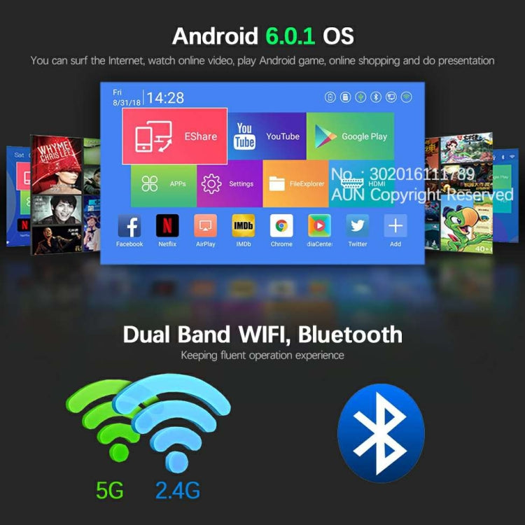 AUN D8S 0.3 inch DMD DLP Display 600 ANSI Lumens 1280x720P Full HD Smart Projector with Remote Control, 2GB + 16GB, Android  6.0.1 OS, Support TF Card/ HDMI / DC-IN / USB / 3.5mm Video output