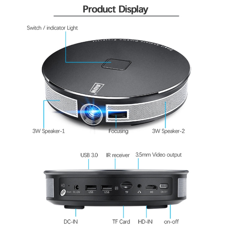 AUN D8S 0.3 inch DMD DLP Display 600 ANSI Lumens 1280x720P Full HD Smart Projector with Remote Control, 2GB + 16GB, Android  6.0.1 OS, Support TF Card/ HDMI / DC-IN / USB / 3.5mm Video output