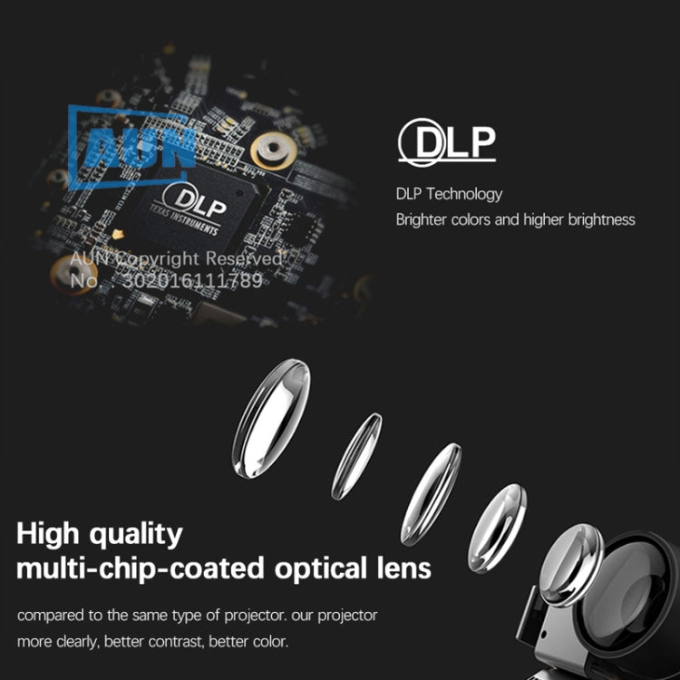 AUN D8S 0.3 inch DMD DLP Display 600 ANSI Lumens 1280x720P Full HD Smart Projector with Remote Control, 2GB + 16GB, Android  6.0.1 OS, Support TF Card/ HDMI / DC-IN / USB / 3.5mm Video output