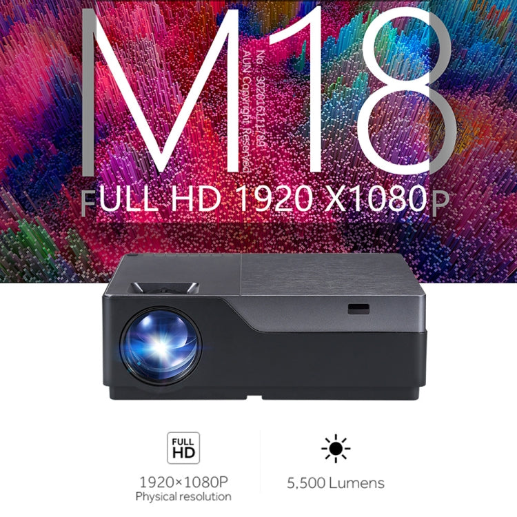 AUN M18UP 5.8 inch LCD Screen 5500 Lumens 1920x1080P Full HD Smart Projector with Remote Control, Android 6.0, 1GB+8GB, Support VGA / HDMI / SD Card / USB(Black)