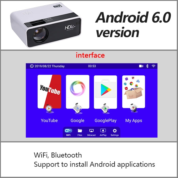 AUN  D60S 4 inch 2800 Lumens 1280x720 Portable HD LED Projector with Remote Control,Android 6.0, Support USB / SD Card / Audio / VGA / HDMI
