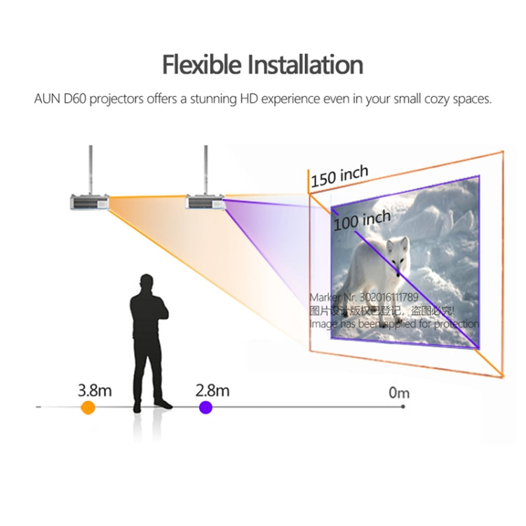AUN  D60S 4 inch 2800 Lumens 1280x720 Portable HD LED Projector with Remote Control,Android 6.0, Support USB / SD Card / Audio / VGA / HDMI