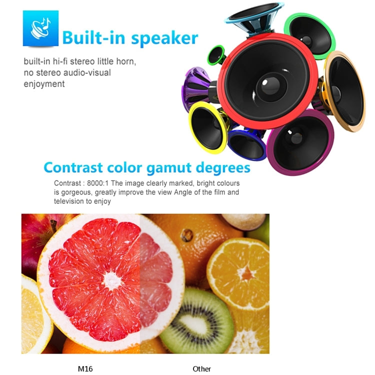 M16 1800 Lumens 1280*720 HD 4.3 inch LCD Panel LED Projector, Android 5.1, RK3128 Quad Core ARM Cortex A7 1.5GHz, RAM: 1GB, ROM: 8GB