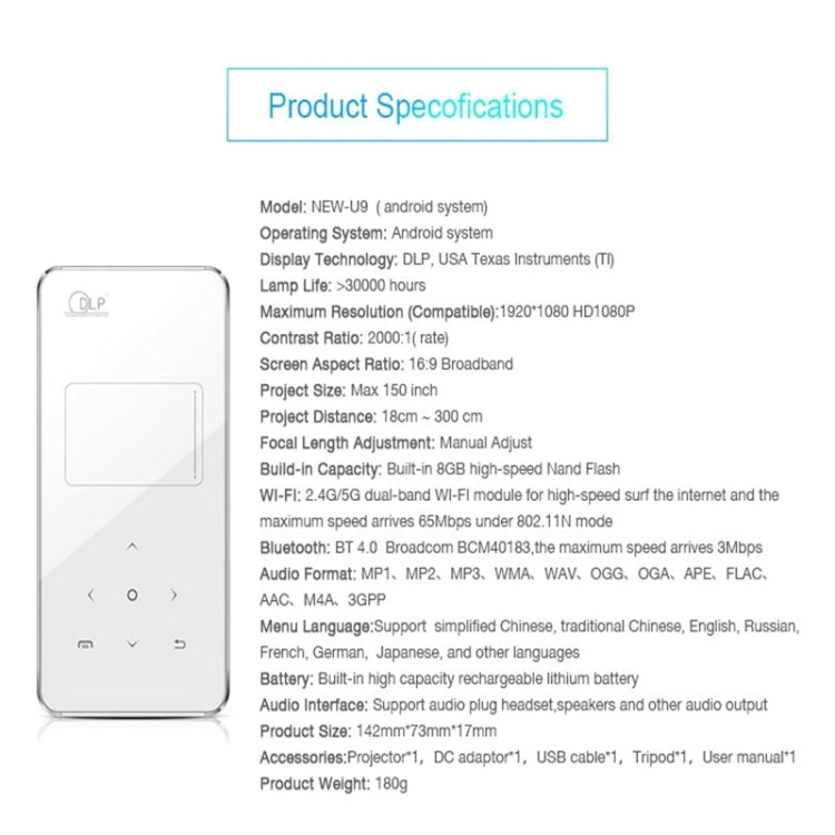 U9 Mini Portable 1000 Lumens ANSI DLP Smart Projector with Remote Control & Holder, Android 5.1, RK3128 Quad Core ARM Cortex-A7 up to 1.2GHz, Support WiFi /