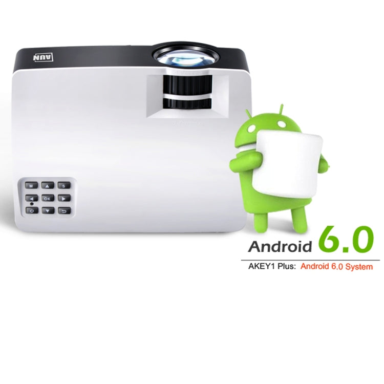 AUN AKEY1 Plus 1800 Lumens LED 800x480 Android 6.0.1 Multimedia Video Projector Home Theater, Amlogic S905X Quad-Core Cortex-A53 up to 1.5GHz, 1GB+8GB, USB / SD / VGA / AV / HDMI (White)