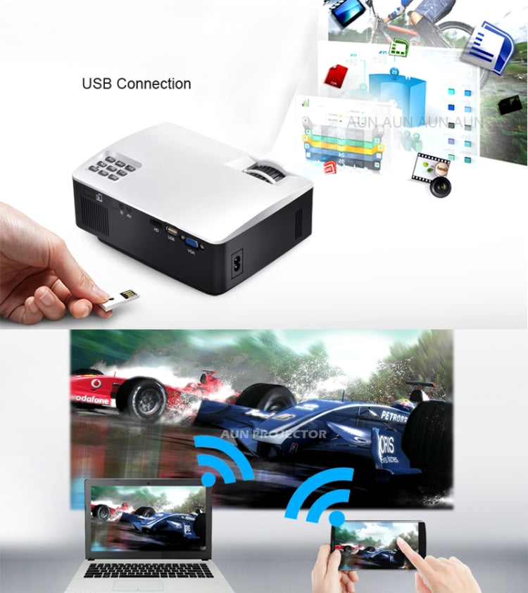 AUN AKEY1 Plus 1800 Lumens LED 800x480 Android 6.0.1 Multimedia Video Projector Home Theater, Amlogic S905X Quad-Core Cortex-A53 up to 1.5GHz, 1GB+8GB, USB / SD / VGA / AV / HDMI (White)
