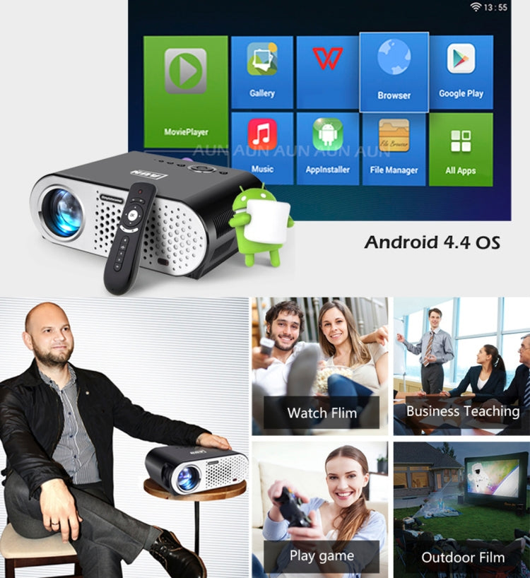 AUN T90S Android Version 3200 Lumens LED 1280x768 Android 4.4 Multimedia Video Projector Home Theater, 1GB+8GB, WiFi, BT(Black)