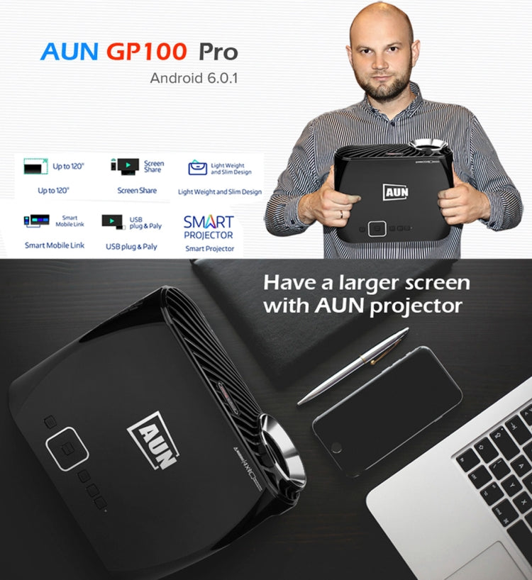 AUN GP100 Pro Android Version 3200 Lumens LED 1280x800 Android 6.0.1 Multimedia Video Projector Home Theater with Remote Controller, 1GB+8GB, WiFi, BT(Black)