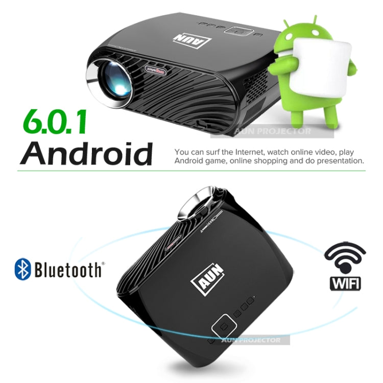 AUN GP100 Pro Android Version 3200 Lumens LED 1280x800 Android 6.0.1 Multimedia Video Projector Home Theater with Remote Controller, 1GB+8GB, WiFi, BT(Black)