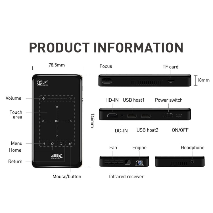 P9II Portable 4K Ultra HD DLP Mini Smart Projector with Infrared Remote Control, Amlogic S905X 4-Core A53 up to 1.5GHz Android 6.0, 2GB+16GB, Support 2.4G/5G WiFi, Bluetooth, TF Card(Black)