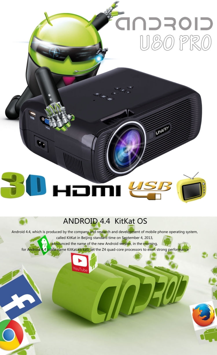 Uhappy U80 PRO 2200LM Android 4.4 Wireless Sync Display Home Theater LED WiFi Projector with Remote Control,1080P, RAM: 1GB, ROM: 8GB, Support HDMI + USB + TV + AV + VGA