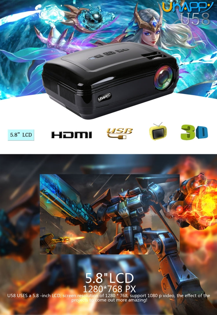 Uhappy U58 3200LM 1080P Home Theater 1280*768 LED Projector with Remote Control, Support HDMI + USB + TV + YPbPr + AV + VGA