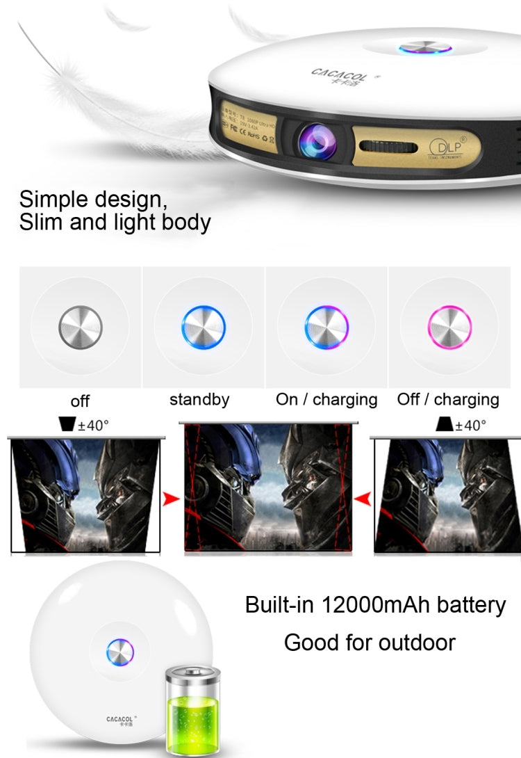 CACACOL ITC-DO8 220LM WiFi Smart 1280*800 DLP DMD LED Portable Projector with Remote Control,  Android 6.1 , MSD6A628 Quad Core, 2GB RAM, 16GB ROM, WiFi, BT, HDMI, without Tripod Holder