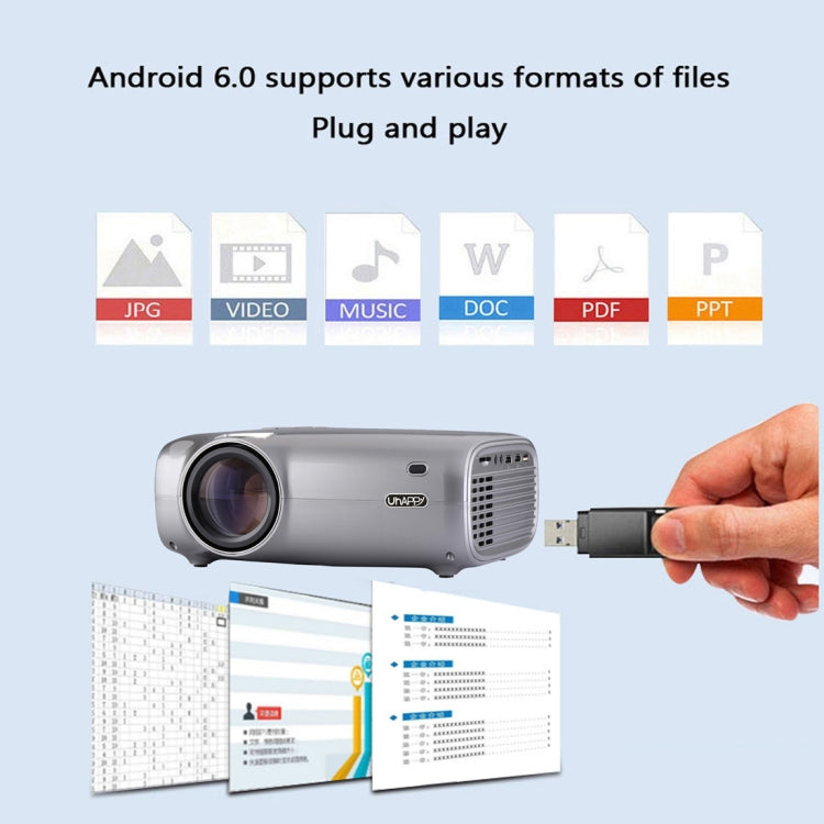 UHAPPY U43 Pro 4.3 inch LCD Screen 1080P HD Android 6.0 WiFi Bluetooth Mini Projector with Remote Control, Support USB / SD / HDMI / VGA / AV (Grey)