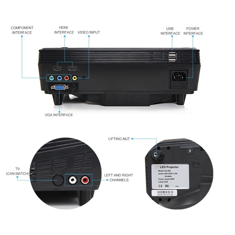 VS-508 Mini Projector 2000ANSI LM LED 800x480 VGA Multimedia Video Projector, Support VGA / HDMI / USB /TV Interfaces, Projecting Distance: 1-5m(Black)