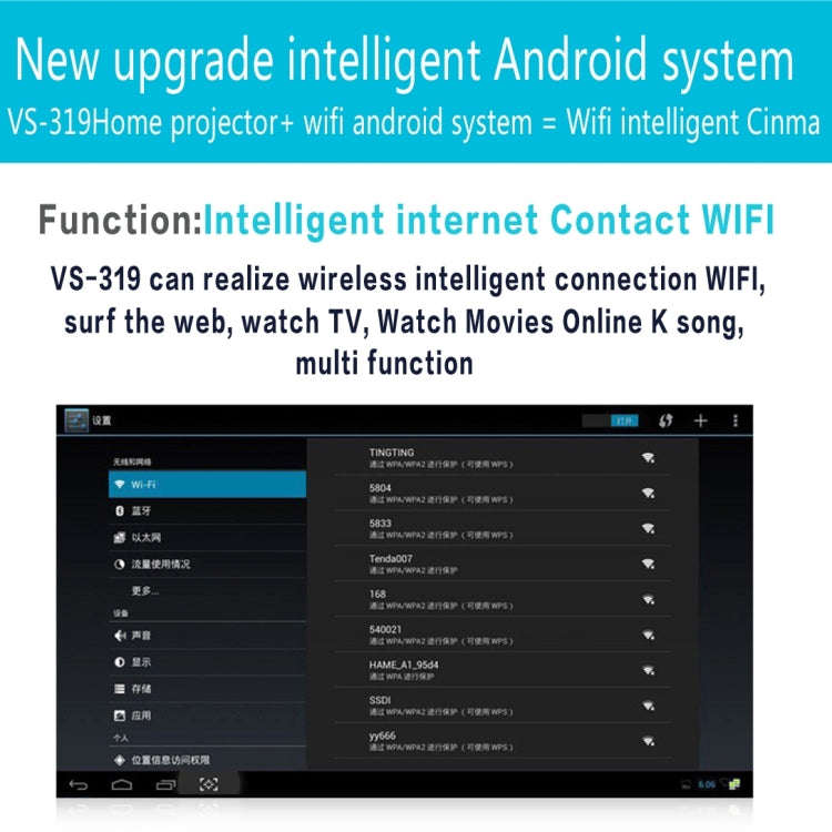 VS319 1500ANSI LM Smart WVGA 800x480 Portable Projector, Android 4.4, Quad-Core, 1GB DDR3, 8GB NAND FLASH, Support WiFi