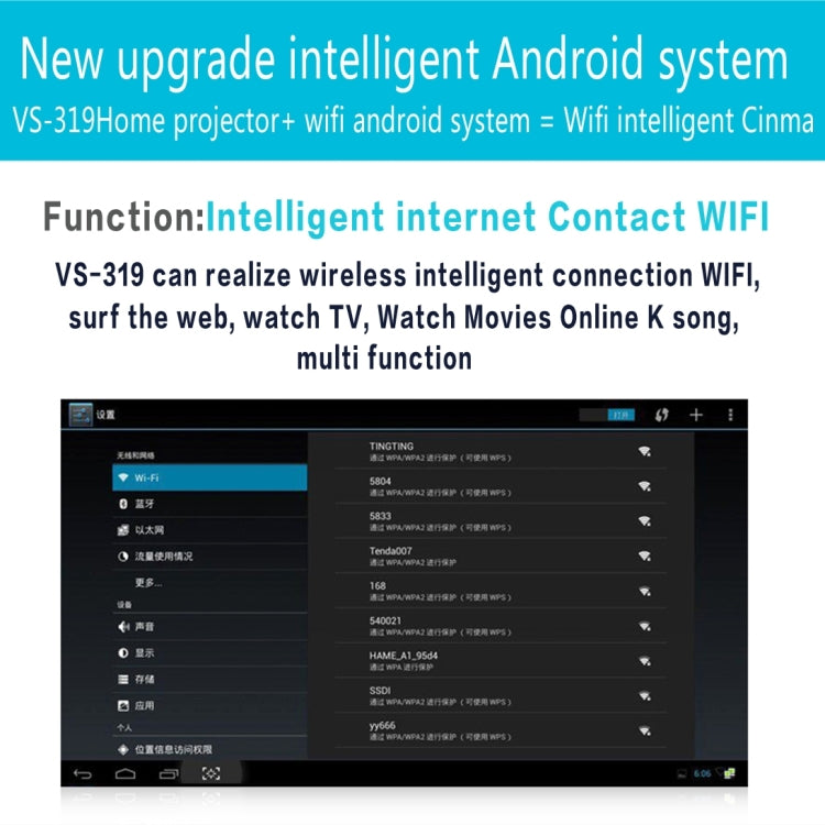 VS319 1500ANSI LM Smart WVGA 800x480 Portable Projector, Android 4.4, Quad-Core, 1GB DDR3, 8GB NAND FLASH, Support WiFi