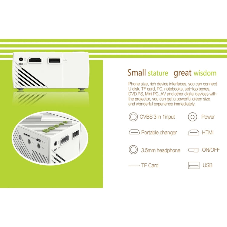 YG310 400LM Portable Mini Home Theater LED Projector with Remote Controller, Support HDMI, AV, SD, USB Interfaces (White)