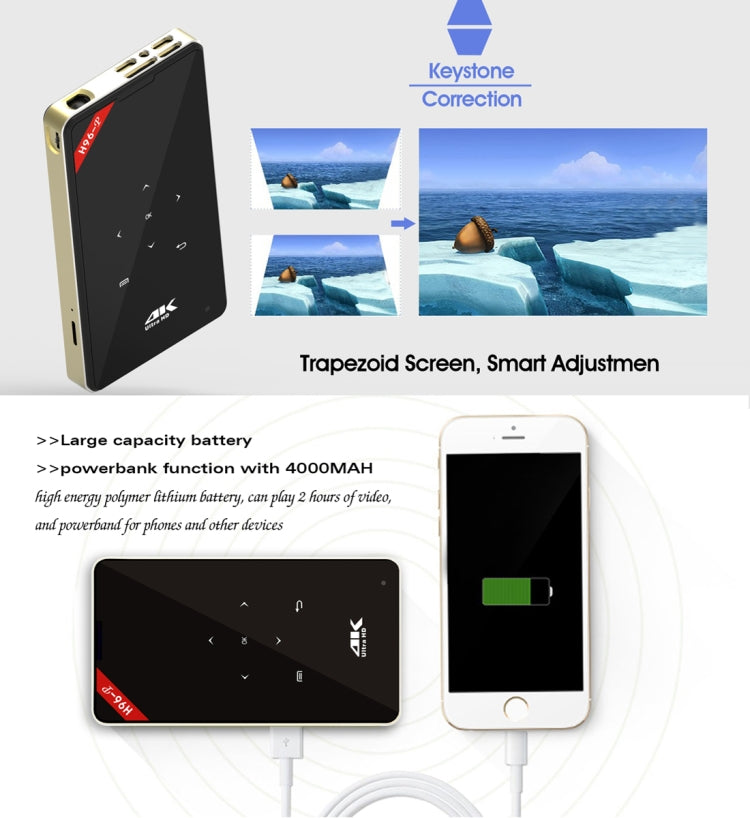 H96-P 854x480P Smart Mini Projector, Amlogic S905X Quad Core ARM Cortex A53 up to 1.5GHz, 1GB+8GB, Android 6.0, Bluetooth, WiFi