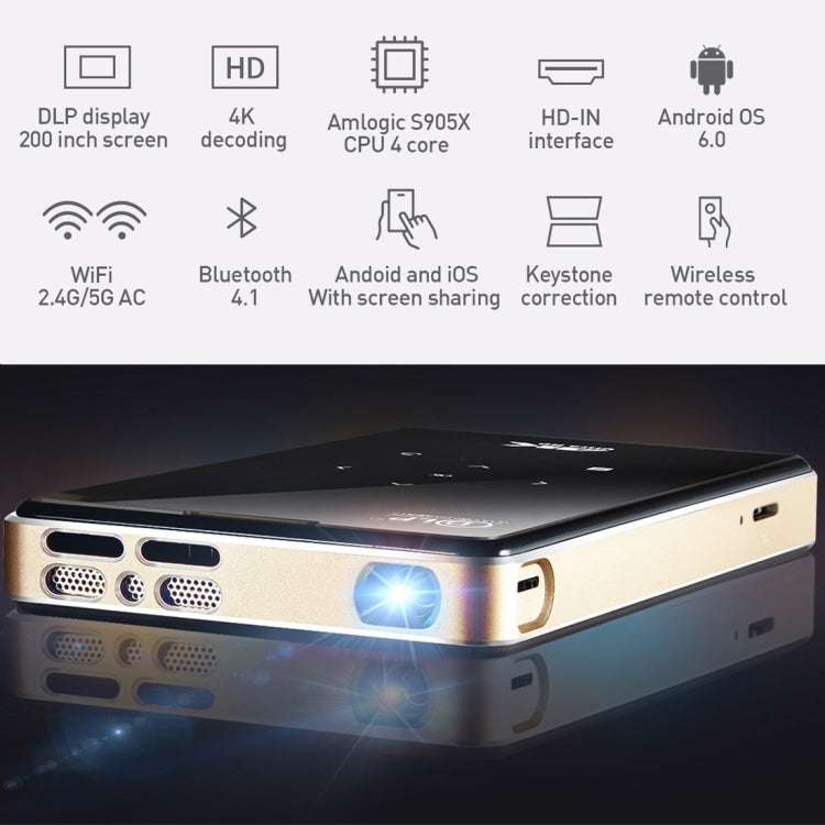 H96-P 854x480P Smart Mini Projector, Amlogic S905X Quad Core ARM Cortex A53 up to 1.5GHz, 1GB+8GB, Android 6.0, Bluetooth, WiFi