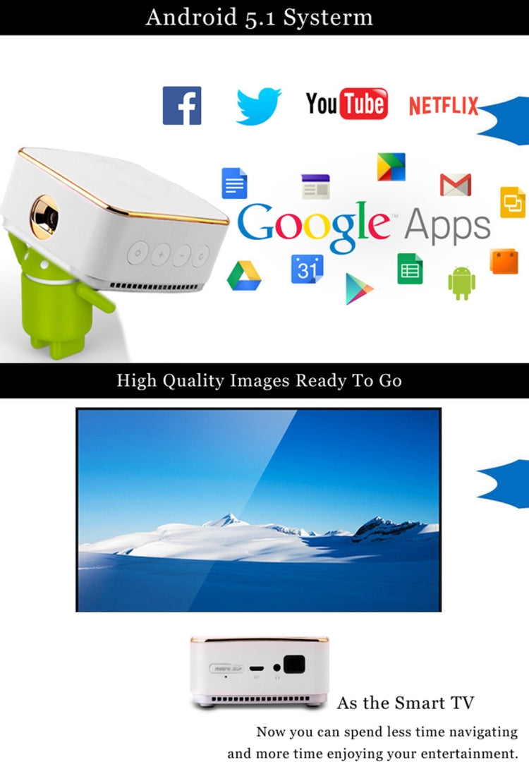 Wejoy DL-S8+ 50 ANSI Lumens 854x480 Smart Mini Projector, RK3128 ARM Cortex-A7 Quad Core 1.3GHz CPU, 1GB+8GB, Android 5.1, Bluetooth, WiFi