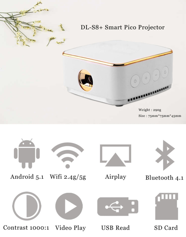 Wejoy DL-S8+ 50 ANSI Lumens 854x480 Smart Mini Projector, RK3128 ARM Cortex-A7 Quad Core 1.3GHz CPU, 1GB+8GB, Android 5.1, Bluetooth, WiFi