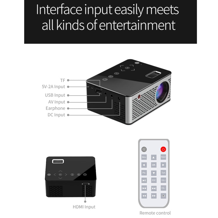 T200 500ANSI Lumens 1080P Full HD Touch Control Mini Home Entertainment Smart Projector, Built-in Speaker, Support AV / HDMI / TF Card (Black)