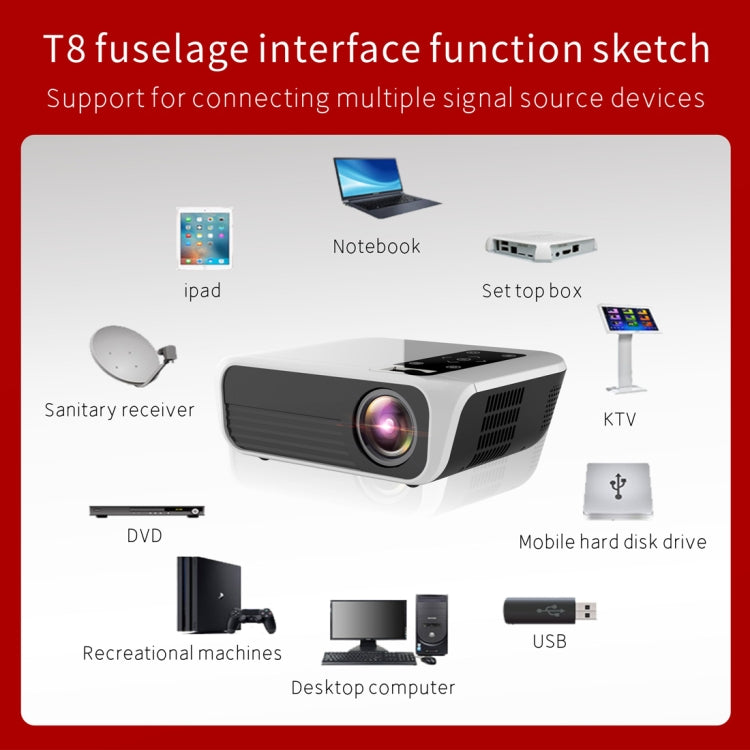 T8 1920x1080 Portable Home Theater Office Full HD Mini LED Projector with Remote Control, Built-in Speaker, Support USB / HDMI / AV / IR, Multi-Media Version