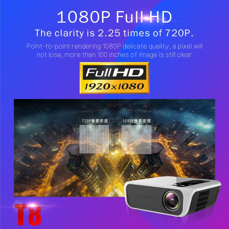 T8 1920x1080 Portable Home Theater Office Full HD Mini LED Projector with Remote Control, Built-in Speaker, Support USB / HDMI / AV / IR, Multi-Media Version
