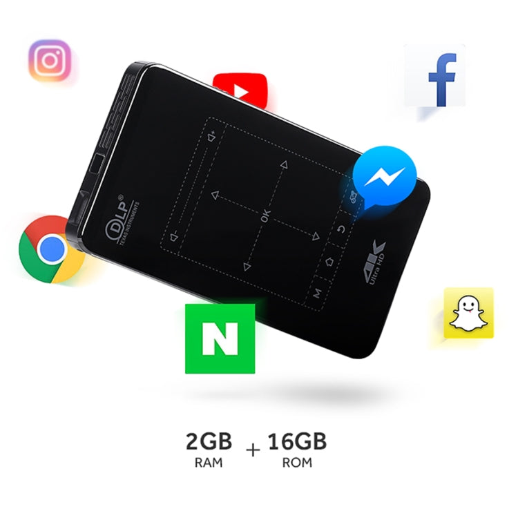 AUN D7 200 ANSI Lumens 854 x 480(WVGA) 4K Touch Panel Mini Projector, Android 6.0, Amlogic S905X, Quad Core ARM Cortex-A53 up to 1.5GHz, 2GB + 16GB, Support Bluetooth / Dual Band WiFi(Black)